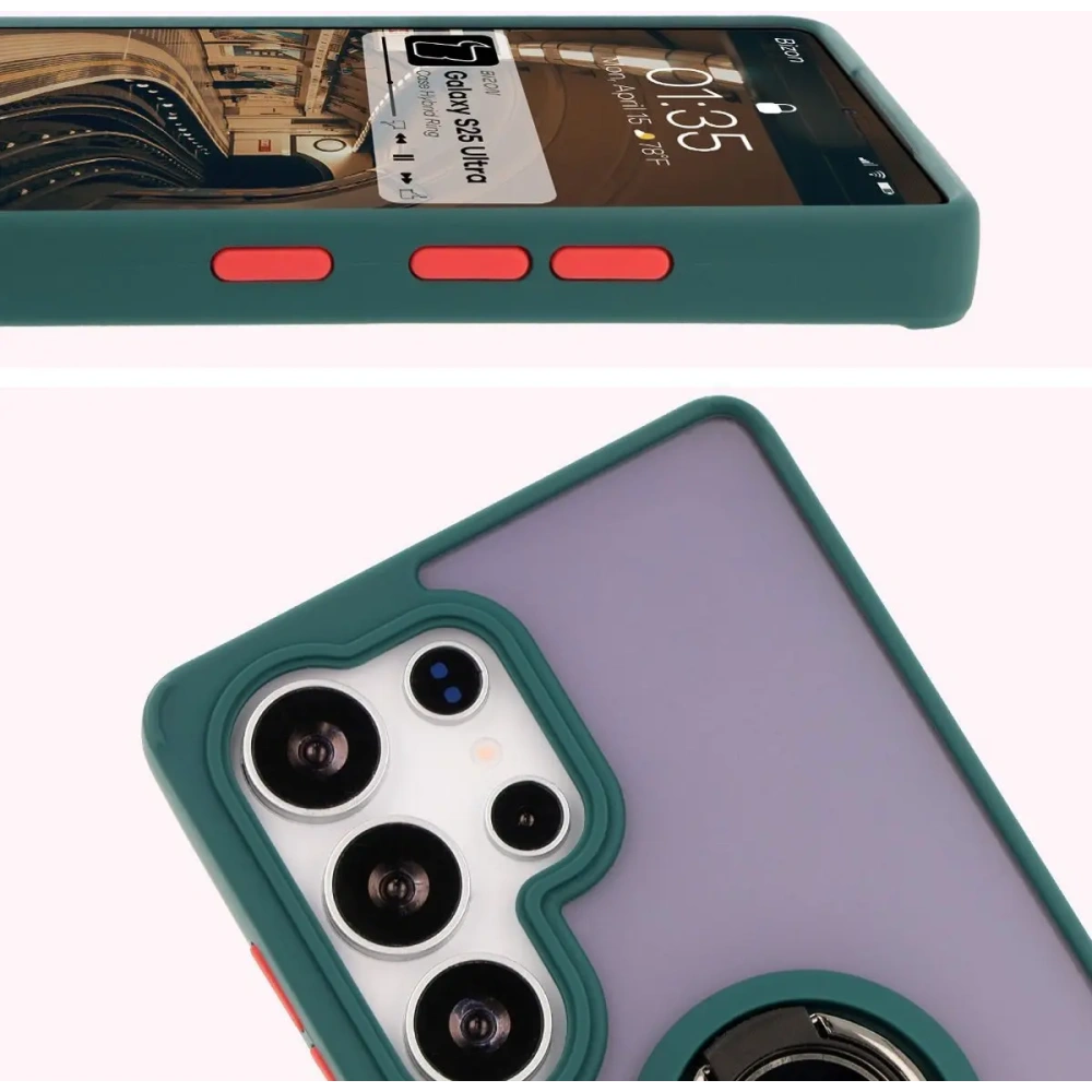 Etui z uchwytem na palec Bizon Case Hybrid Ring do Samsung Galaxy S25 Ultra przydymione z ciemnozieloną ramką