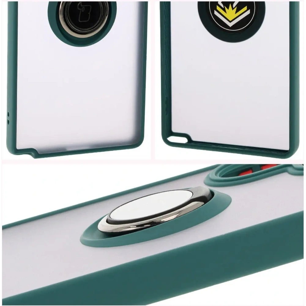 Etui z uchwytem na palec Bizon Case Hybrid Ring do Samsung Galaxy S25 Ultra przydymione z ciemnozieloną ramką