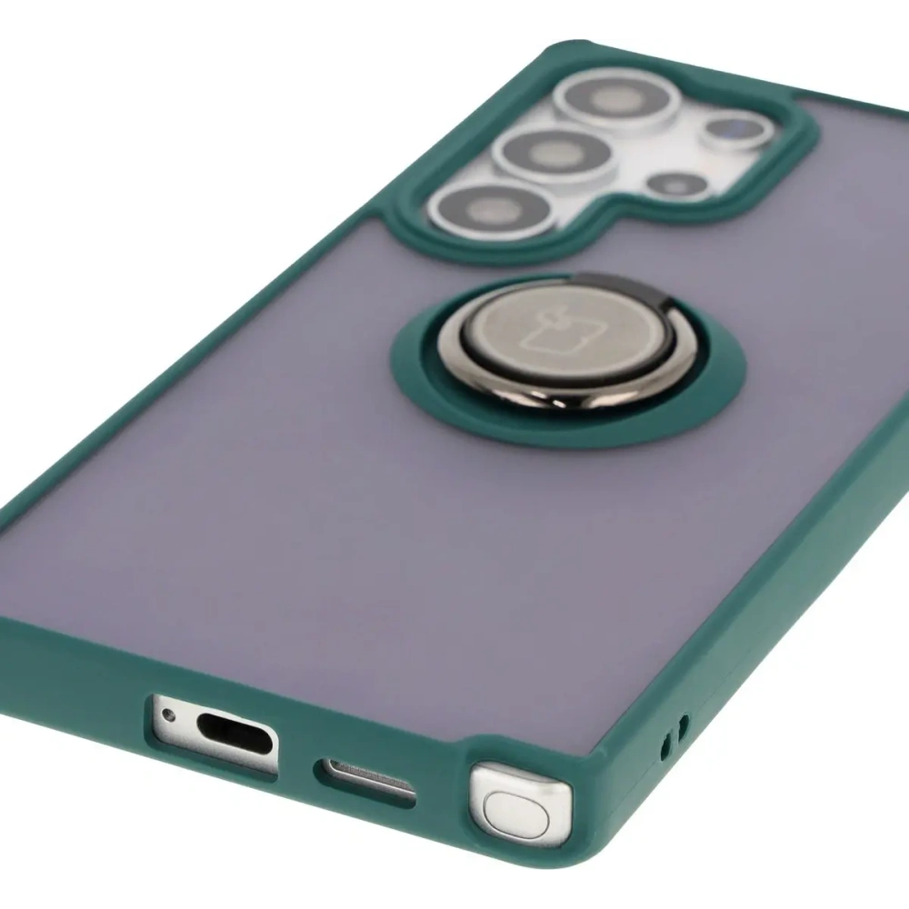 Etui z uchwytem na palec Bizon Case Hybrid Ring do Samsung Galaxy S25 Ultra przydymione z ciemnozieloną ramką