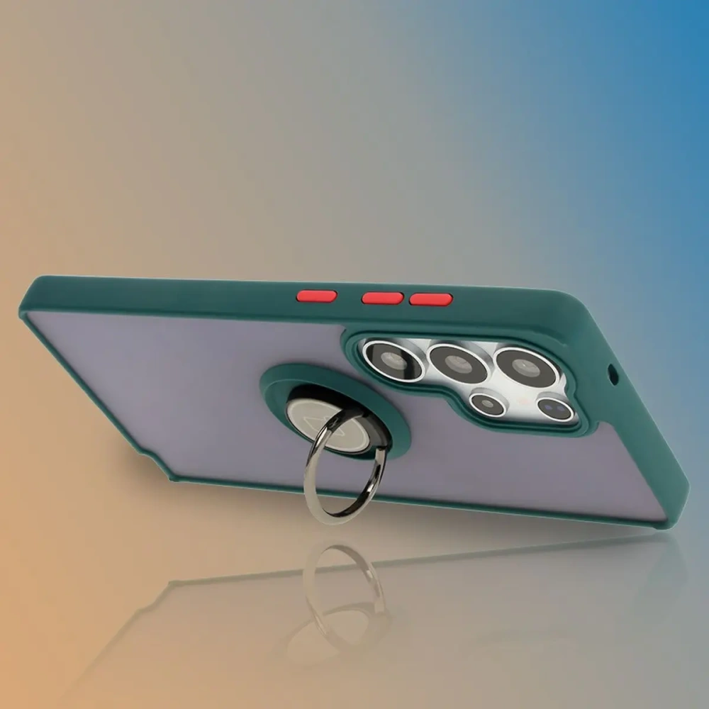 Etui z uchwytem na palec Bizon Case Hybrid Ring do Samsung Galaxy S25 Ultra przydymione z ciemnozieloną ramką