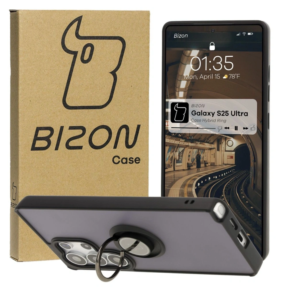 Etui z uchwytem na palec Bizon Case Hybrid Ring do Samsung Galaxy S25 Ultra przydymione z czarną ramką