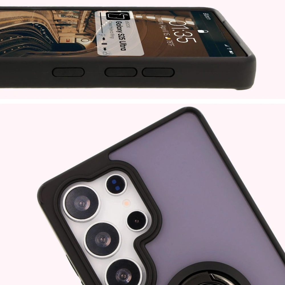 Etui z uchwytem na palec Bizon Case Hybrid Ring do Samsung Galaxy S25 Ultra przydymione z czarną ramką