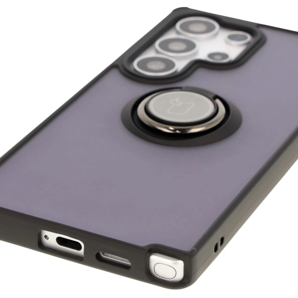 Etui z uchwytem na palec Bizon Case Hybrid Ring do Samsung Galaxy S25 Ultra przydymione z czarną ramką