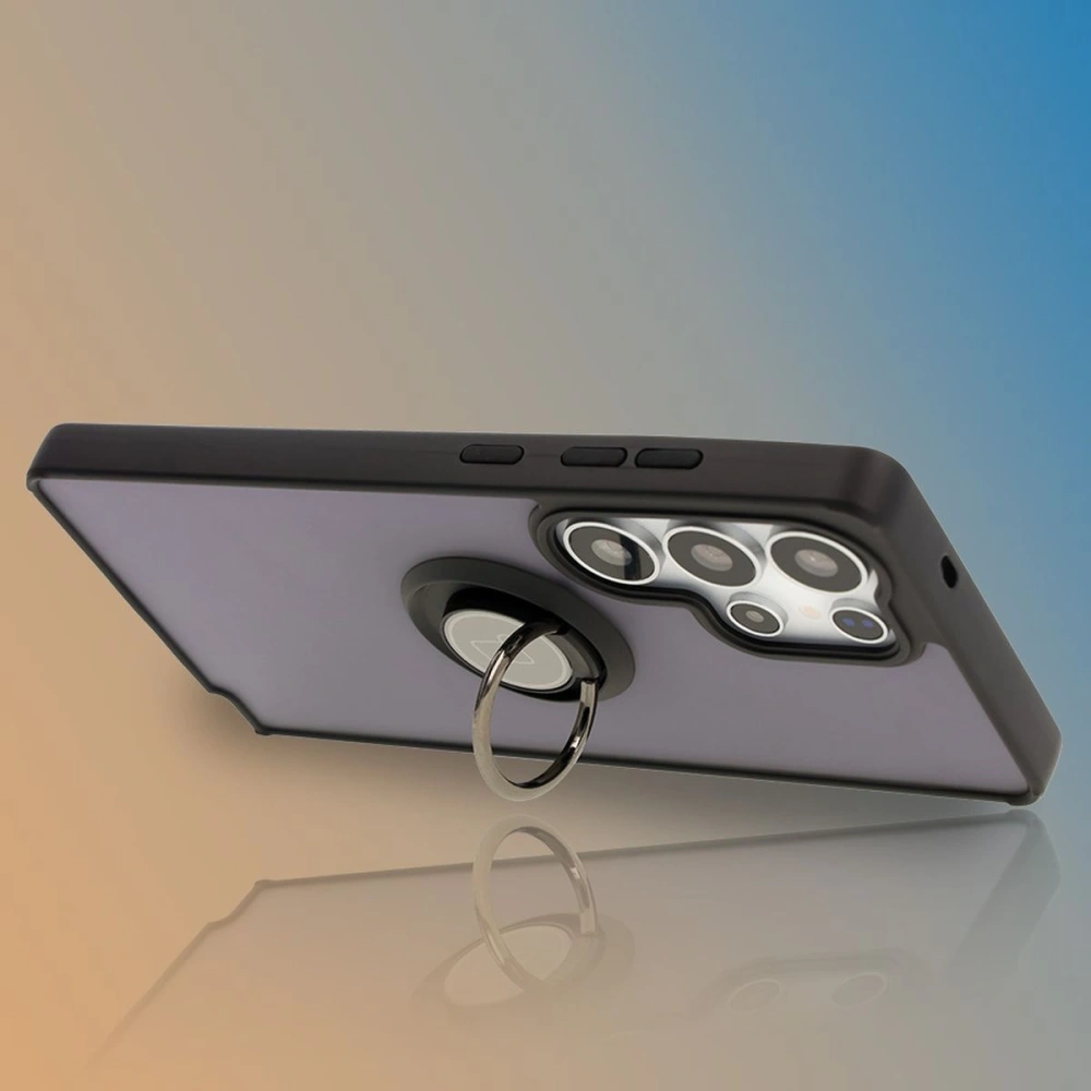 Etui z uchwytem na palec Bizon Case Hybrid Ring do Samsung Galaxy S25 Ultra przydymione z czarną ramką