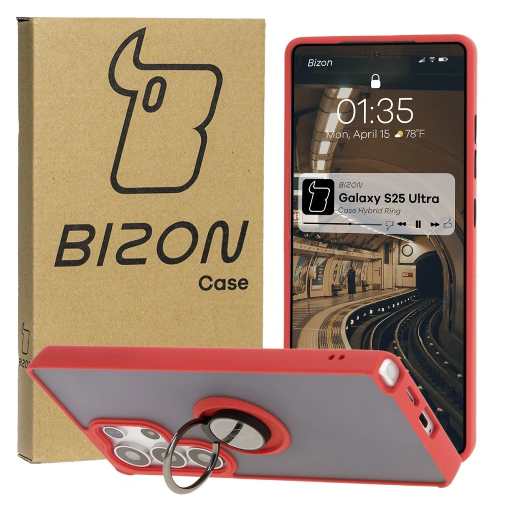 Etui z uchwytem na palec Bizon Case Hybrid Ring do Samsung Galaxy S25 Ultra przydymione z czerwoną ramką