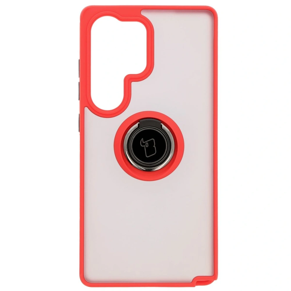 Etui z uchwytem na palec Bizon Case Hybrid Ring do Samsung Galaxy S25 Ultra przydymione z czerwoną ramką