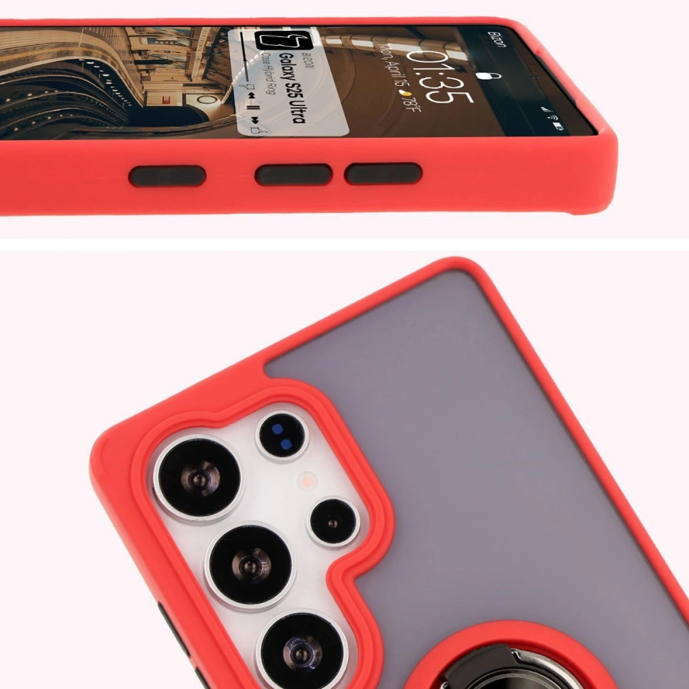 Etui z uchwytem na palec Bizon Case Hybrid Ring do Samsung Galaxy S25 Ultra przydymione z czerwoną ramką