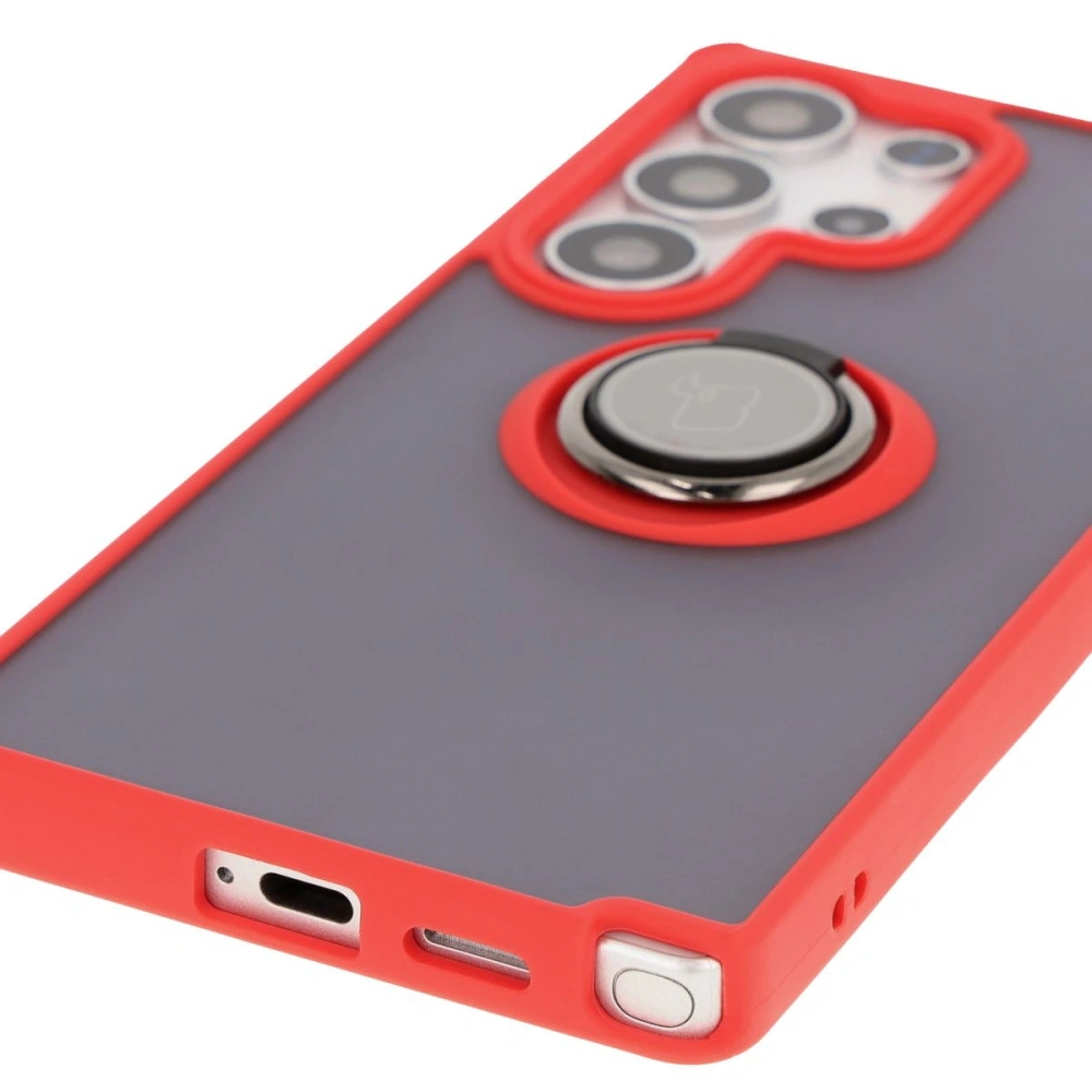 Etui z uchwytem na palec Bizon Case Hybrid Ring do Samsung Galaxy S25 Ultra przydymione z czerwoną ramką
