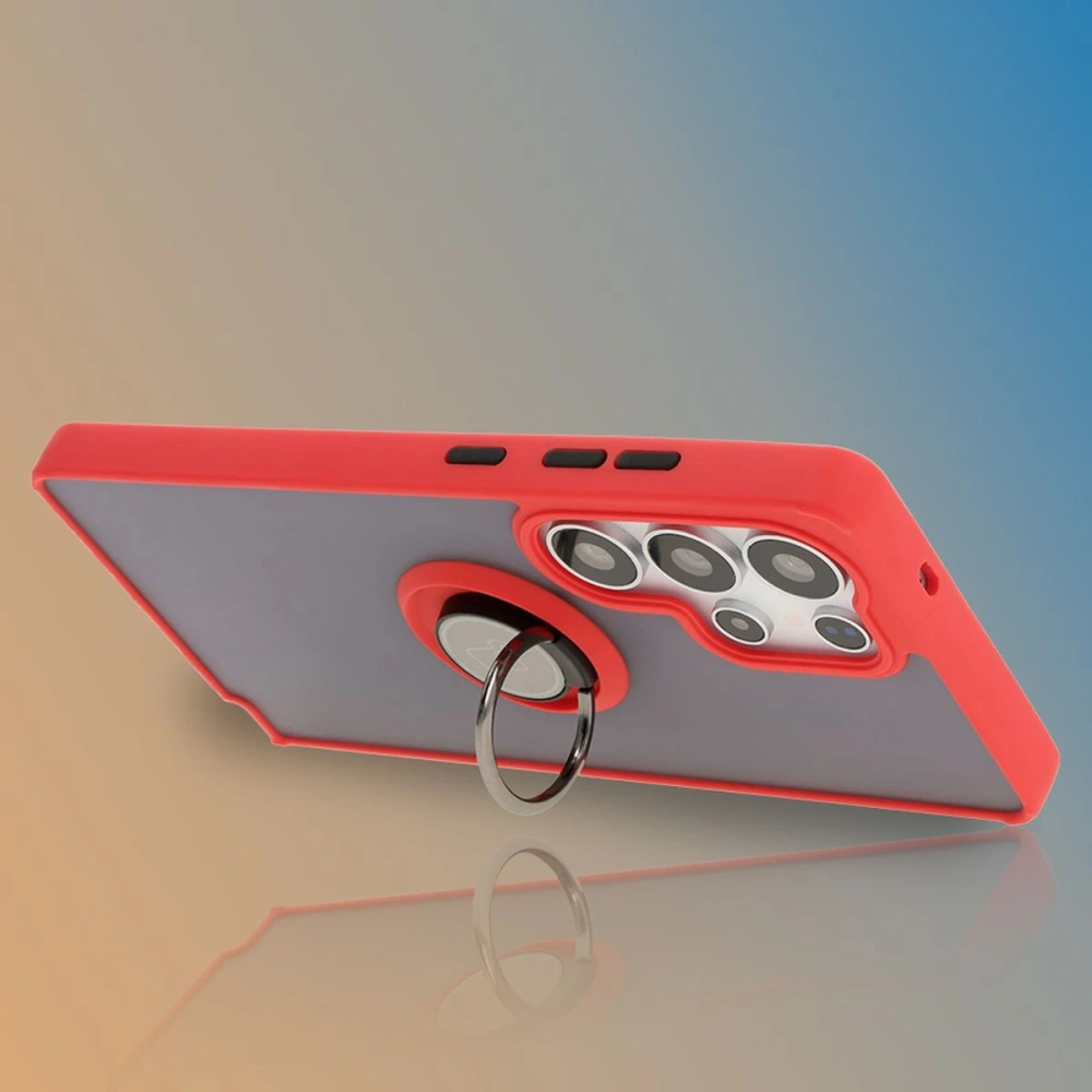 Etui z uchwytem na palec Bizon Case Hybrid Ring do Samsung Galaxy S25 Ultra przydymione z czerwoną ramką