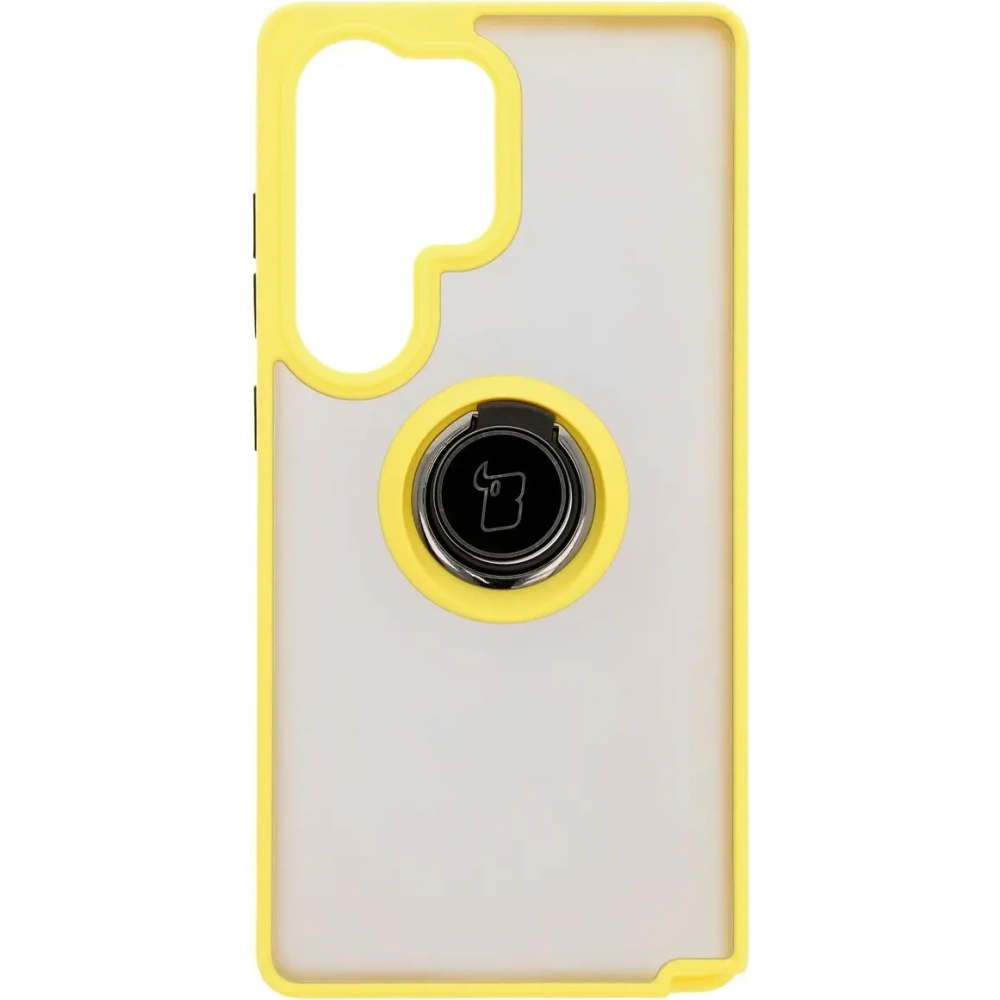 Etui z uchwytem na palec Bizon Case Hybrid Ring do Samsung Galaxy S25 Ultra przydymione z żółtą ramką