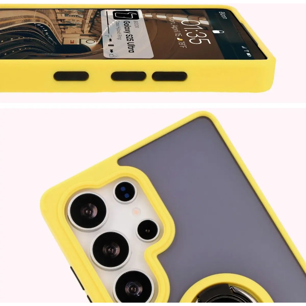 Etui z uchwytem na palec Bizon Case Hybrid Ring do Samsung Galaxy S25 Ultra przydymione z żółtą ramką