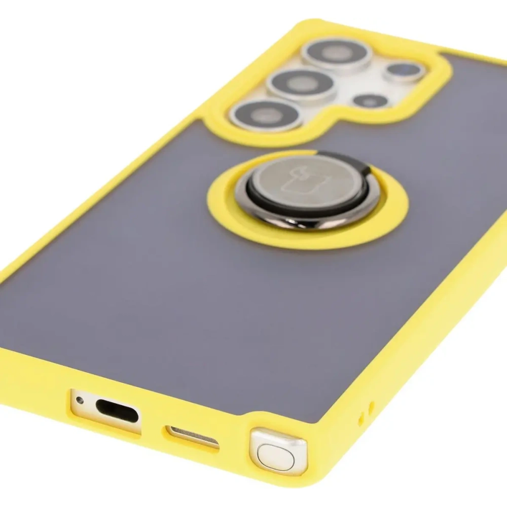 Etui z uchwytem na palec Bizon Case Hybrid Ring do Samsung Galaxy S25 Ultra przydymione z żółtą ramką