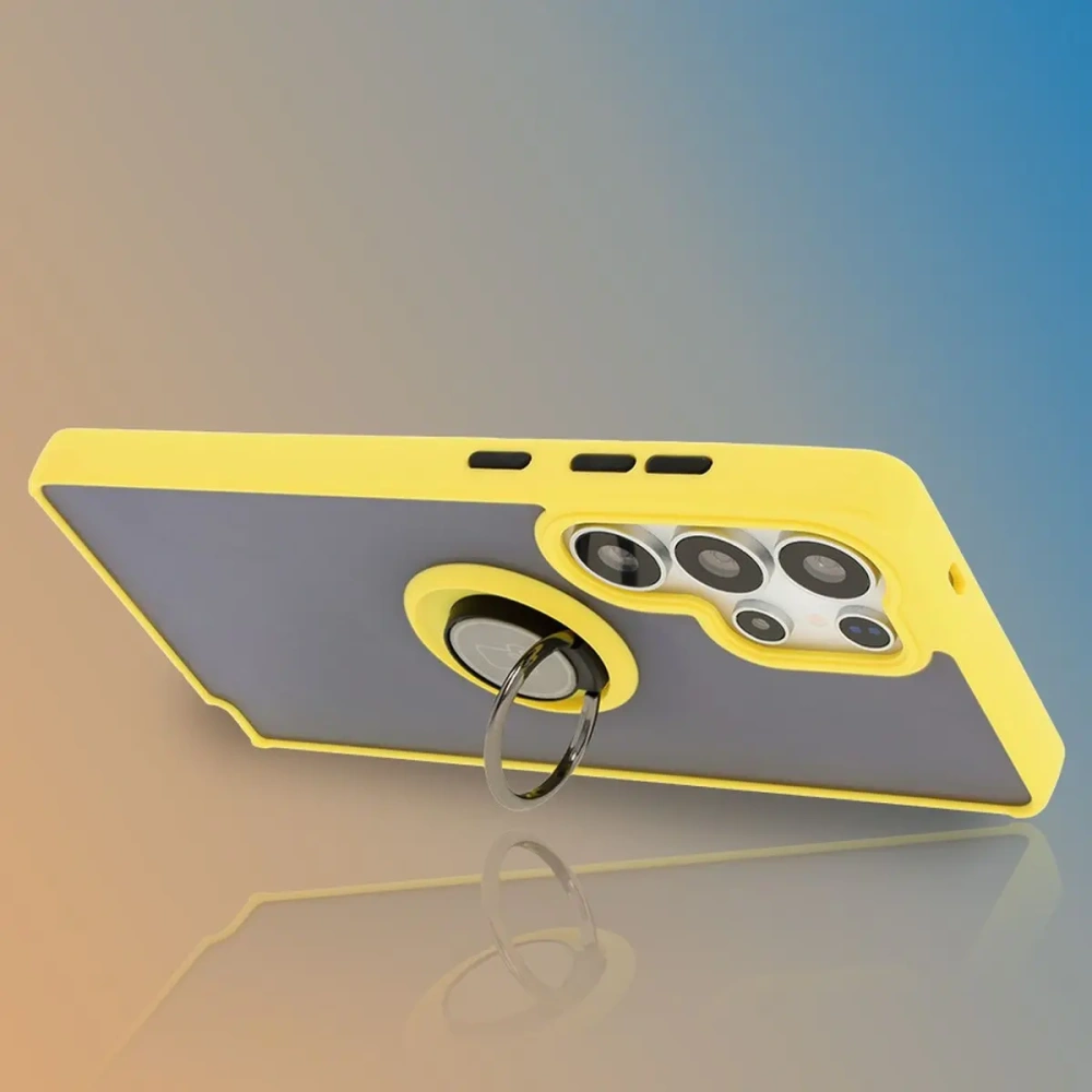 Etui z uchwytem na palec Bizon Case Hybrid Ring do Samsung Galaxy S25 Ultra przydymione z żółtą ramką