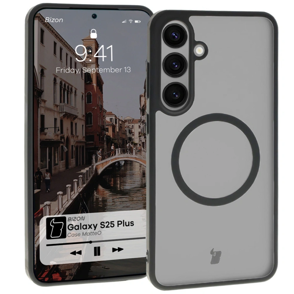 Etui z pierścieniem magnetycznym Bizon Case MatteO do Samsung Galaxy S25 Plus półprzezroczyste z czarną ramką