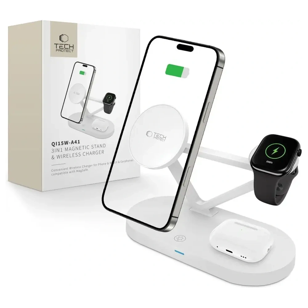 Ładowarka bezprzewodowa Tech-Protect QI15W-A41 3in1 Magnetic MagSafe Wireless Charger White