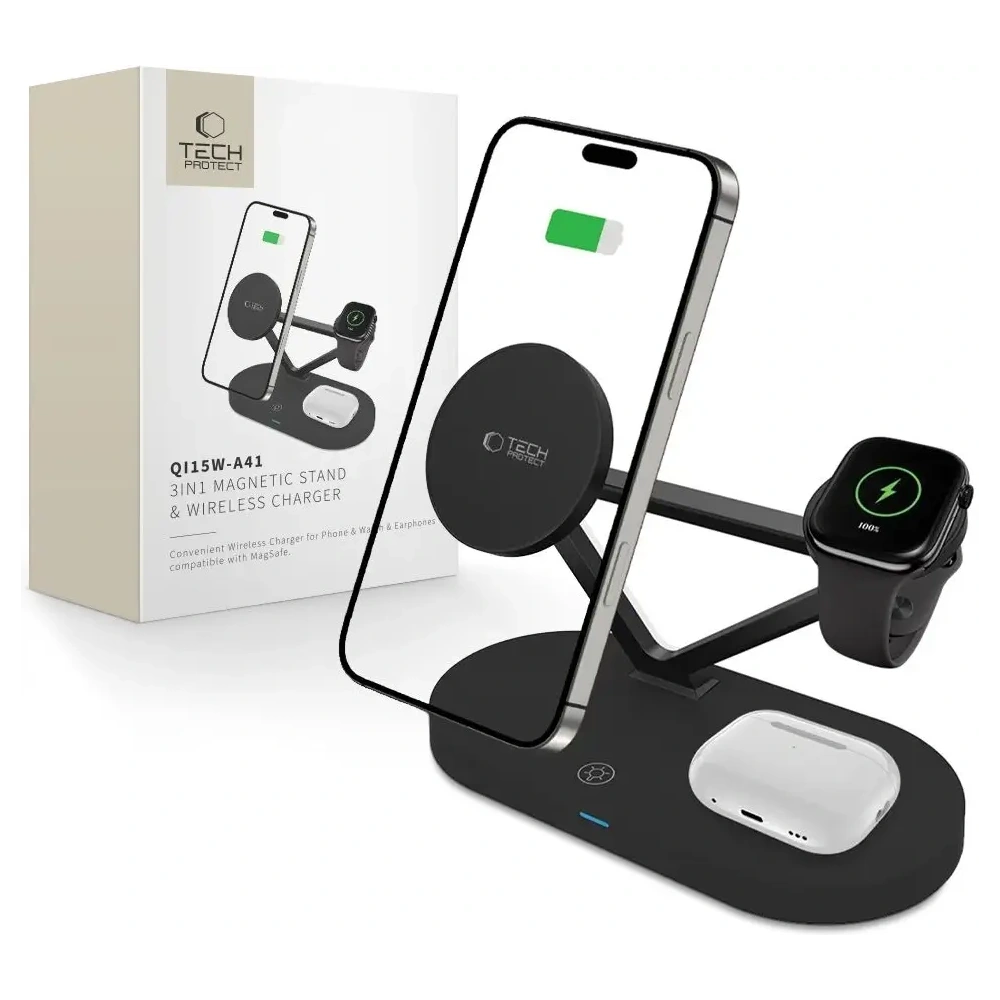 Ładowarka bezprzewodowa Tech-Protect QI15W-A41 3in1 Magnetic MagSafe Wireless Charger Black