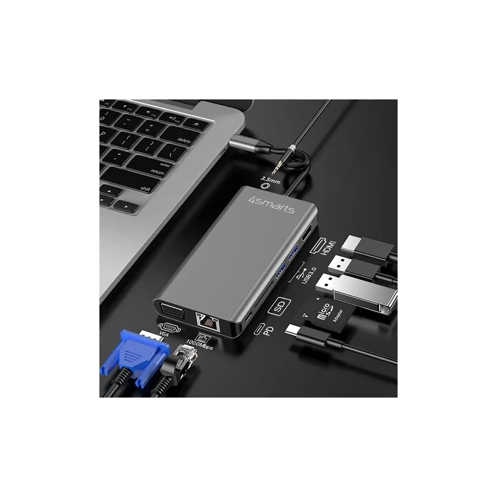 HUB 8w1 4smarts DeX Mode USB-C / 2xUSB-A 3.0, USB-C, HDMI 1.4, SD/TF, VGA, Ethernet RJ-45, 3.5mm szary