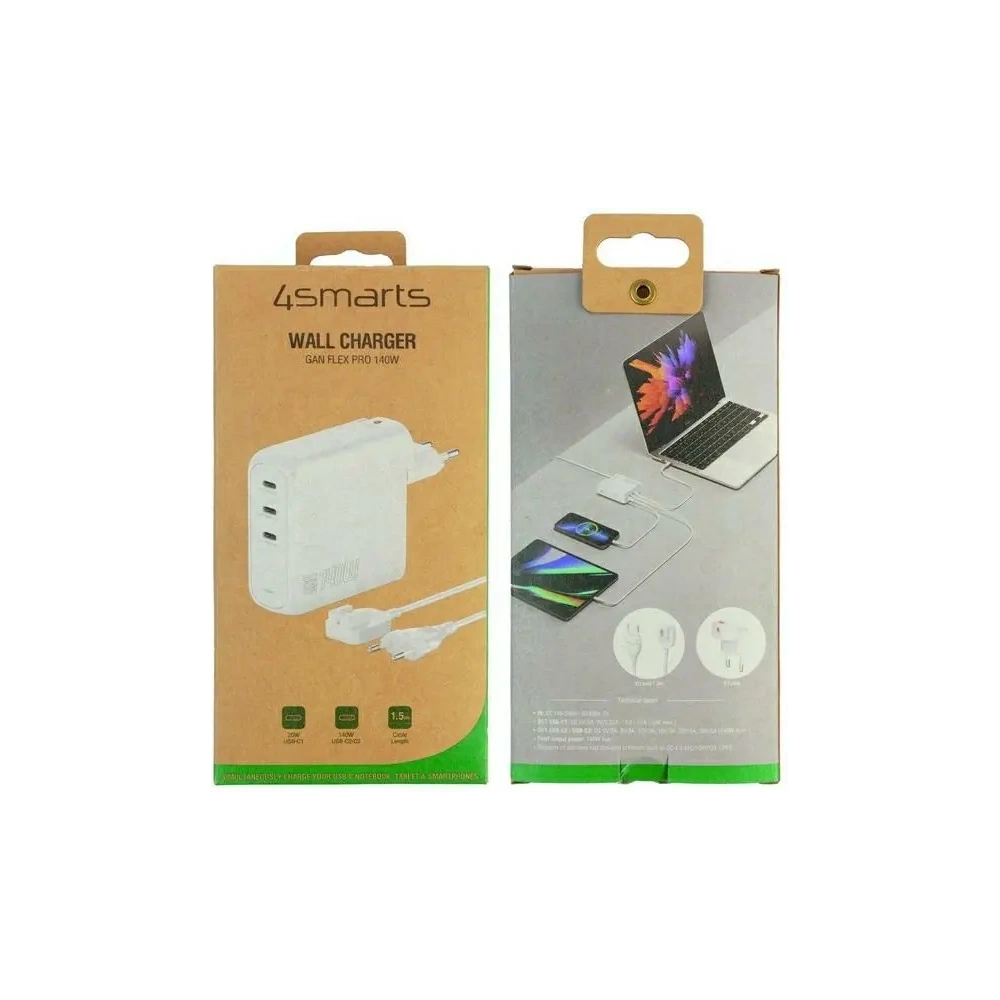 Ładowarka sieciowa 4smarts GaN Flex Pro 140W 3xUSB-C biały