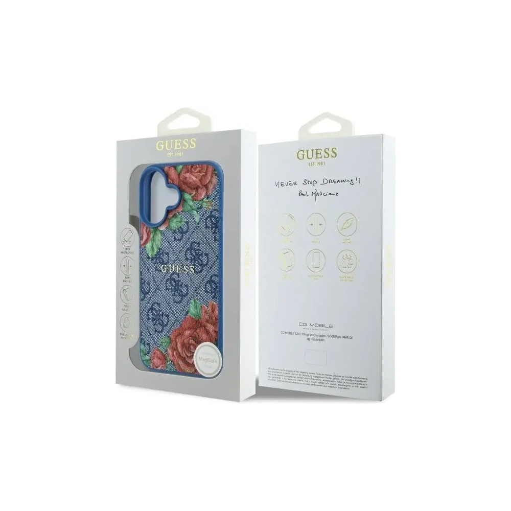 Etui Guess GUHMP16SP4ROPEMCB Apple iPhone 16 hardcase 4G Flowers Print MagSafe niebieski/blue