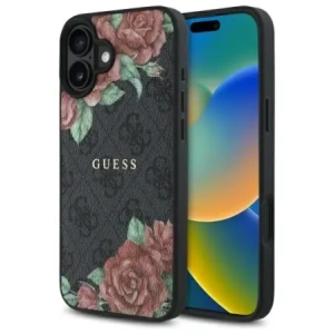 Buy Guess GUHMP16SP4ROPEMCK Apple iPhone 16 hardcase 4G Flowers Print MagSafe black - GUE4219 - {ean13} - Home Screen Store Europe