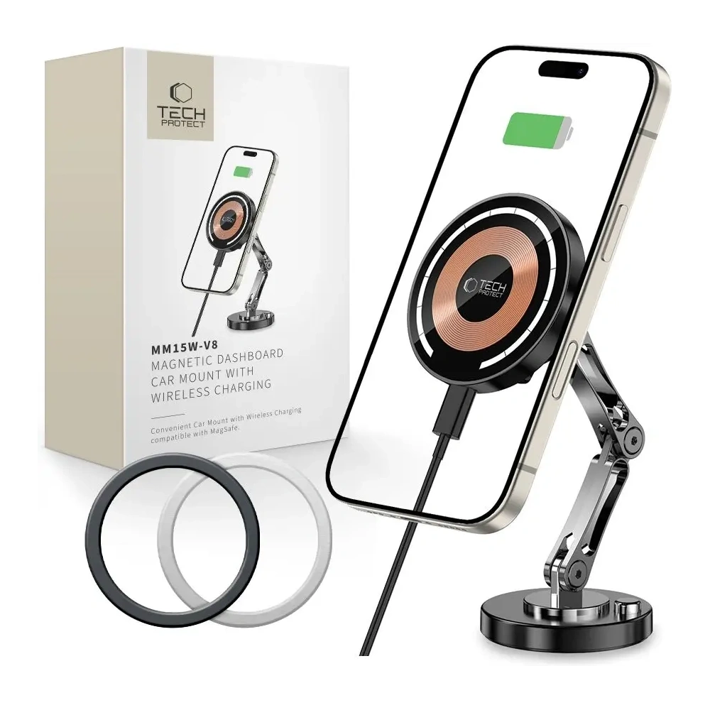 Uchwyt samochodowy na kokpit z ładowarką + blaszki Tech-Protect MM15W-V8 Magnetic MagSafe Dashboard Car Mount Wireless Charger 15W Black