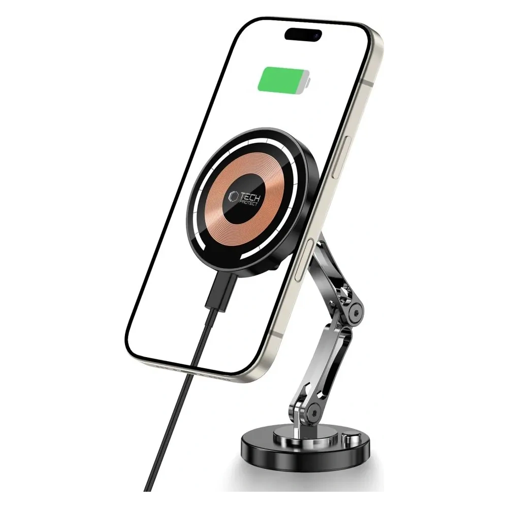 Uchwyt samochodowy na kokpit z ładowarką + blaszki Tech-Protect MM15W-V8 Magnetic MagSafe Dashboard Car Mount Wireless Charger 15W Black