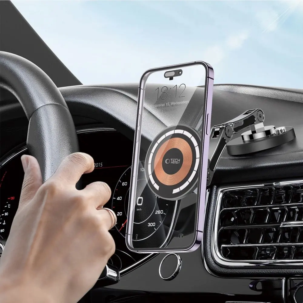 Uchwyt samochodowy na kokpit z ładowarką + blaszki Tech-Protect MM15W-V8 Magnetic MagSafe Dashboard Car Mount Wireless Charger 15W Black