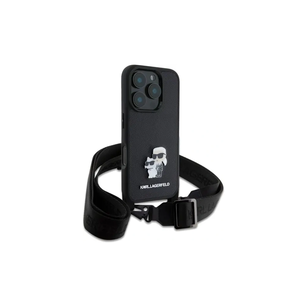 Etui Karl Lagerfeld KLHCP16LSAKCPBK Apple iPhone 16 Pro hardcase Saffiano Karl&Choupette Metal Pin CBDY Strap czarny/black