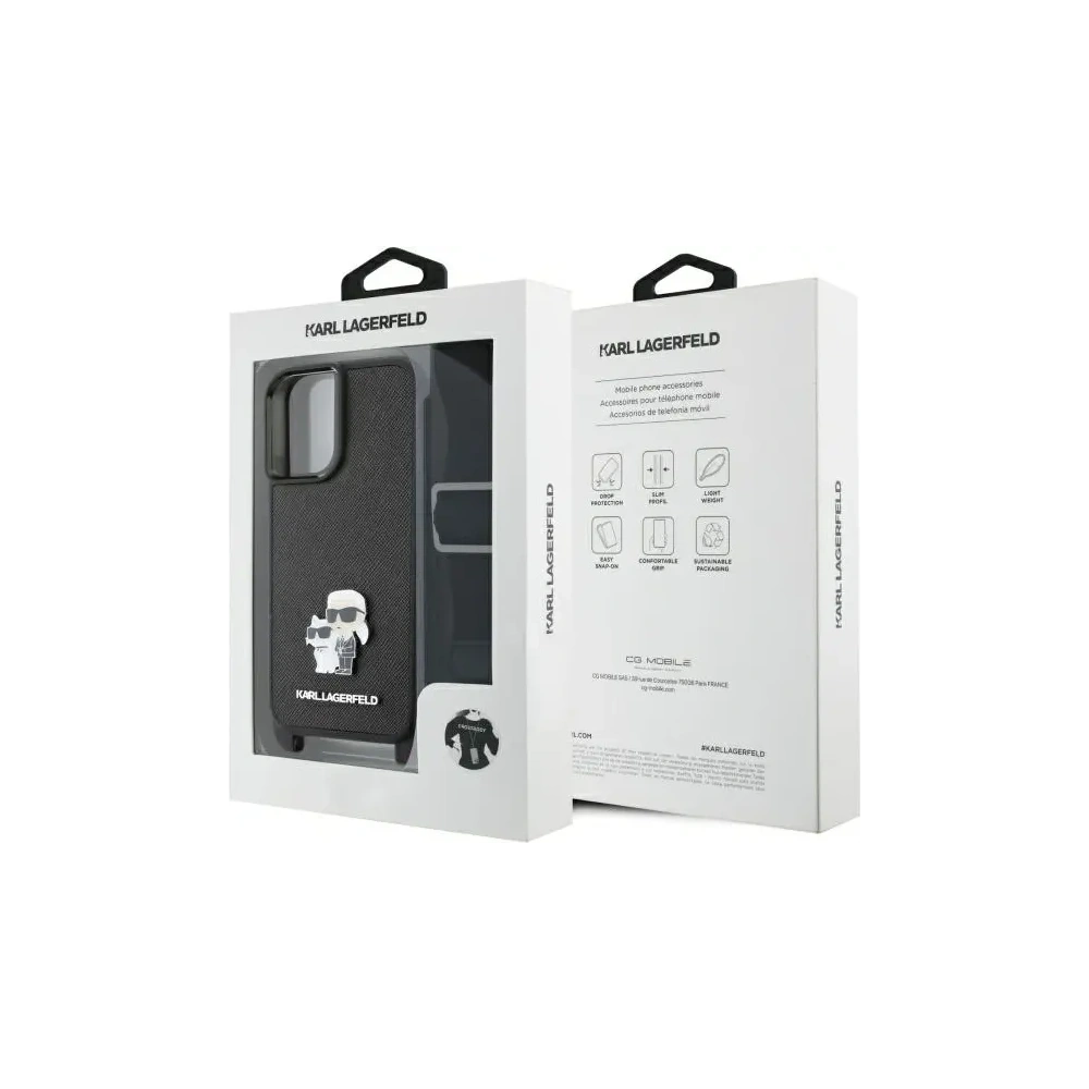 Etui Karl Lagerfeld KLHCP16SSAKCPBK Apple iPhone 16 hardcase Saffiano Karl&Choupette Metal Pin CBDY Strap czarny/black
