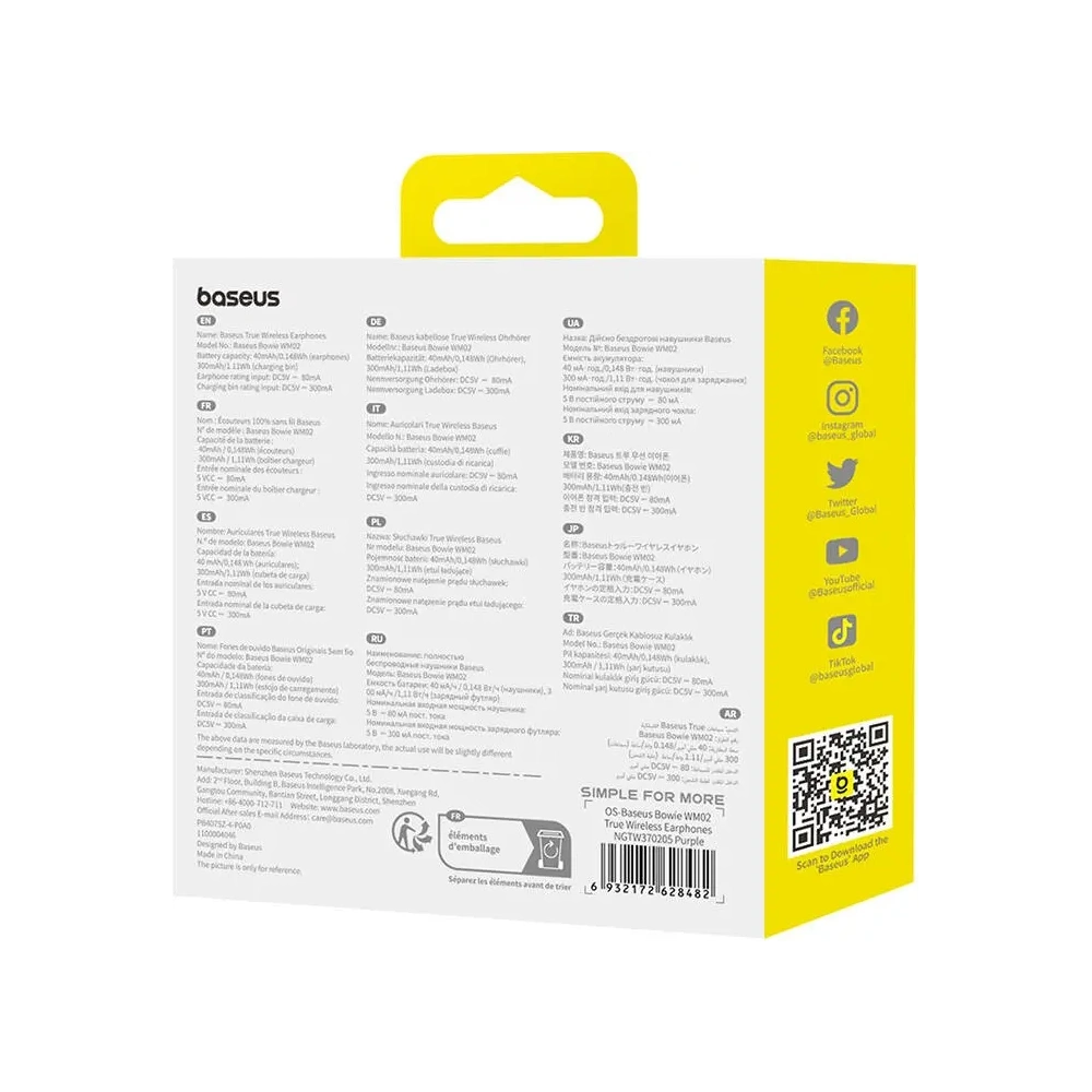 Bezprzewodowe słuchawki dokanałowe TWS Baseus Bowie WM02 OS Bluetooth 5.3 fioletowe