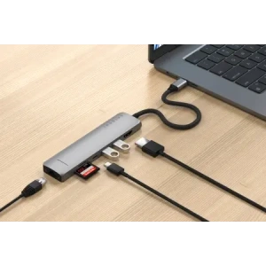Kup HUB Satechi 7-in-1 USB-C Slim Multiport Adapter s Ethernetem USB-C / 2xUSB-A, USB-C PD, HDMI 4K, čtečka karet, Ethernet space grey - STH170 - {ean13} - Sklep Home Screen