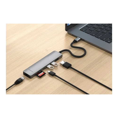 Kup HUB Satechi 7-in-1 USB-C Slim Multiport Adapter s Ethernetem USB-C / 2xUSB-A, USB-C PD, HDMI 4K, čtečka karet, Ethernet space grey - STH170 - {ean13} - Sklep Home Screen