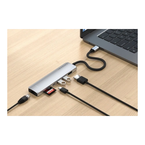 Kup Satechi adaptor multiport USB-C Slim 7-in-1 cu Ethernet USB-C / 2xUSB-A, USB-C PD, HDMI 4K, cititor de carduri, Ethernet argintiu - STH175 - {ean13} - Sklep Home Screen
