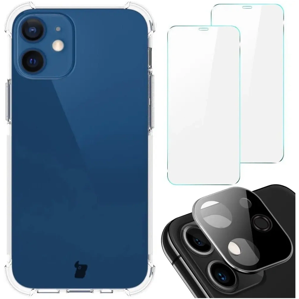 Etui + 2x szkło na ekran + szkło na obiektyw Bizon Case Clear Pack do Apple iPhone 12 Mini przezroczyste