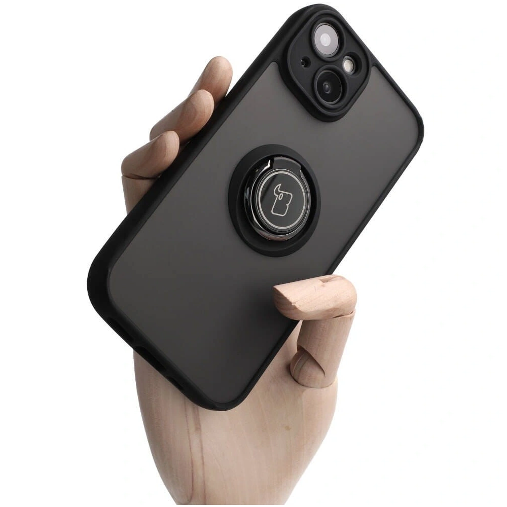 Etui z uchwytem na palec Bizon Case Hybrid Ring do Apple iPhone 14 przydymione z czarną ramką