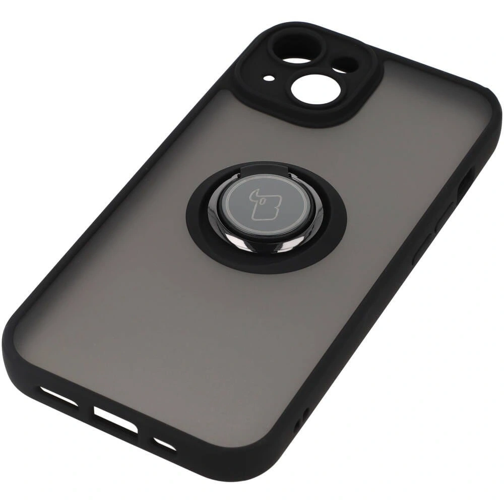 Etui z uchwytem na palec Bizon Case Hybrid Ring do Apple iPhone 14 przydymione z czarną ramką