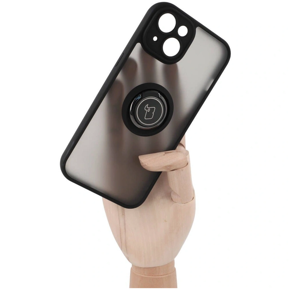 Etui z uchwytem na palec Bizon Case Hybrid Ring do Apple iPhone 14 przydymione z czarną ramką
