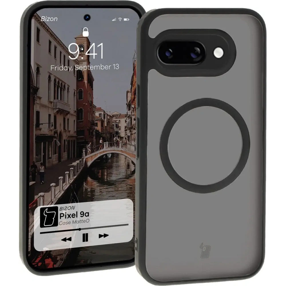 Etui z pierścieniem magnetycznym Bizon Case MatteO do Google Pixel 9a półprzezroczyste z czarną ramką