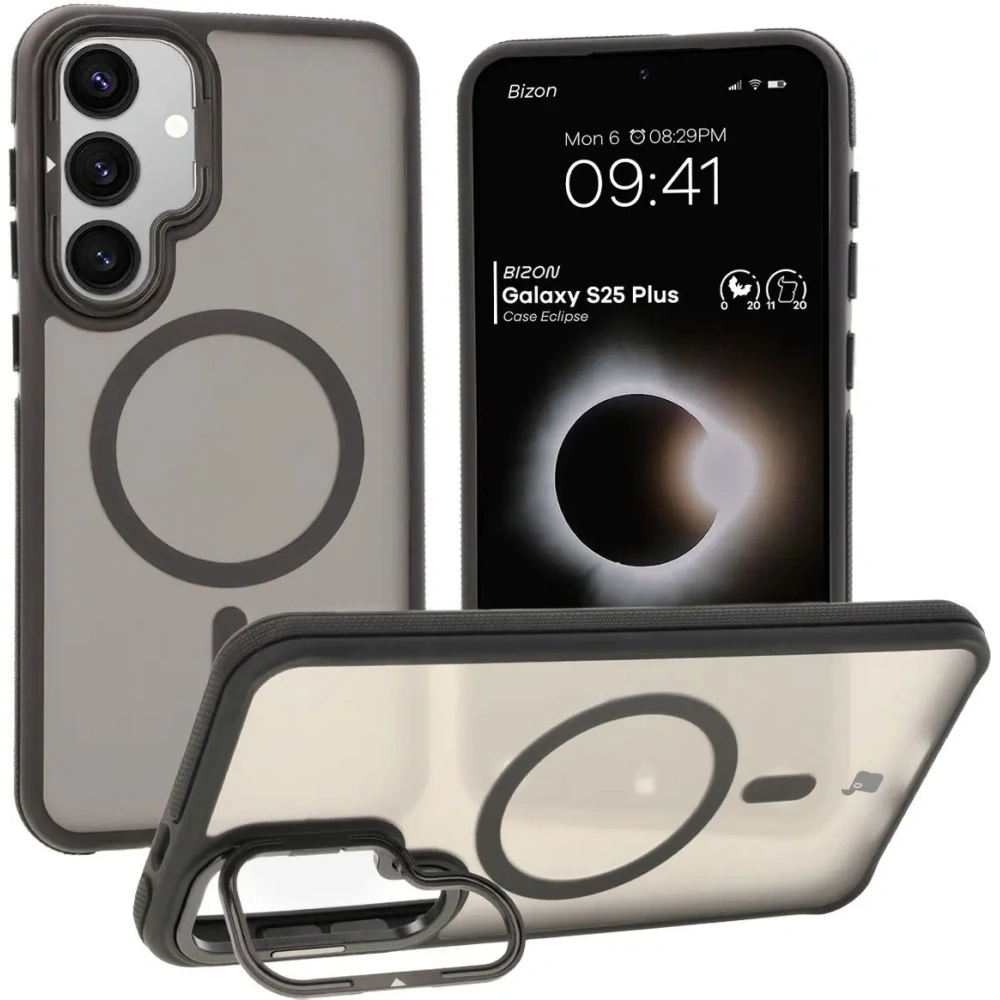 Etui z podstawką i pierścieniem magnetycznym Bizon Case Eclipse do Samsung Galaxy S25 Plus przydymione z czarną ramką