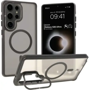 Etui z podstawką i pierścieniem magnetycznym Bizon Case Eclipse do Samsung Galaxy S25 Ultra przydymione z czarną ramką