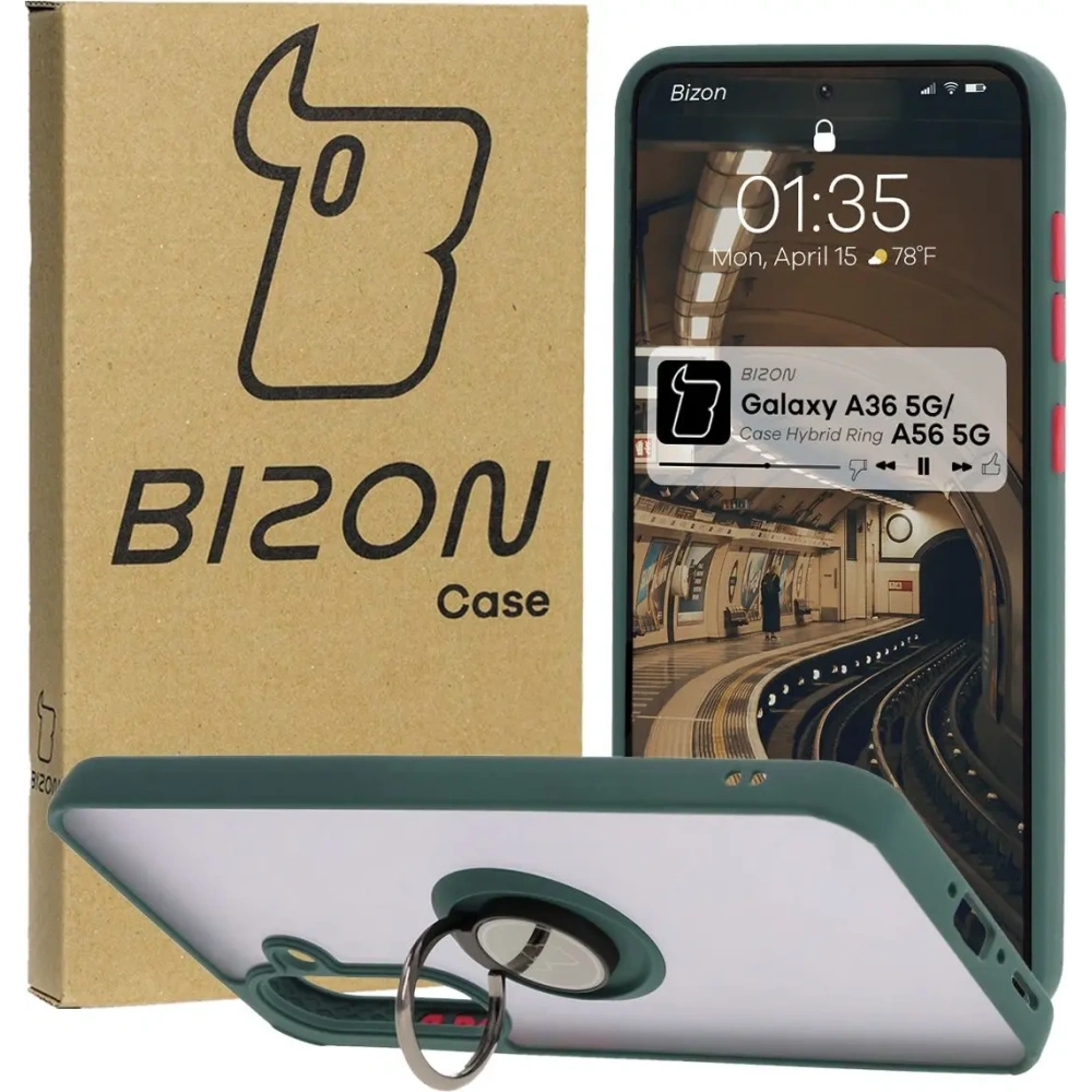 Etui z uchwytem na palec Bizon Case Hybrid Ring do Samsung Galaxy A36 5G / A56 5G przydymione z ciemnozieloną ramką