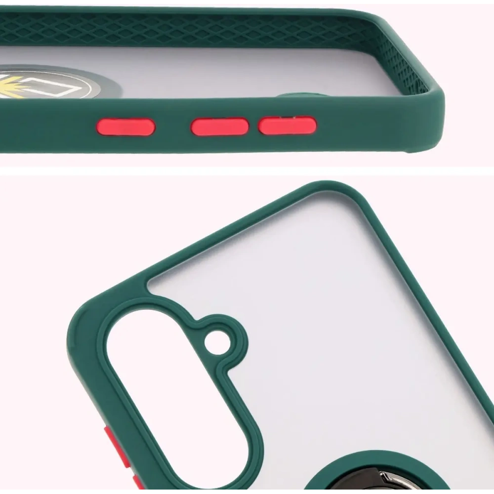 Etui z uchwytem na palec Bizon Case Hybrid Ring do Samsung Galaxy A36 5G / A56 5G przydymione z ciemnozieloną ramką
