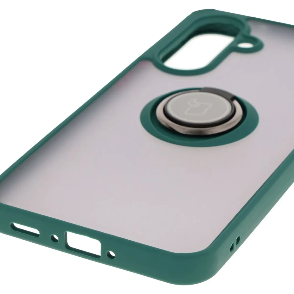 Etui z uchwytem na palec Bizon Case Hybrid Ring do Samsung Galaxy A36 5G / A56 5G przydymione z ciemnozieloną ramką
