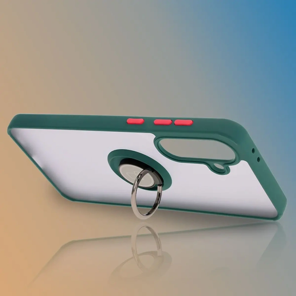 Etui z uchwytem na palec Bizon Case Hybrid Ring do Samsung Galaxy A36 5G / A56 5G przydymione z ciemnozieloną ramką