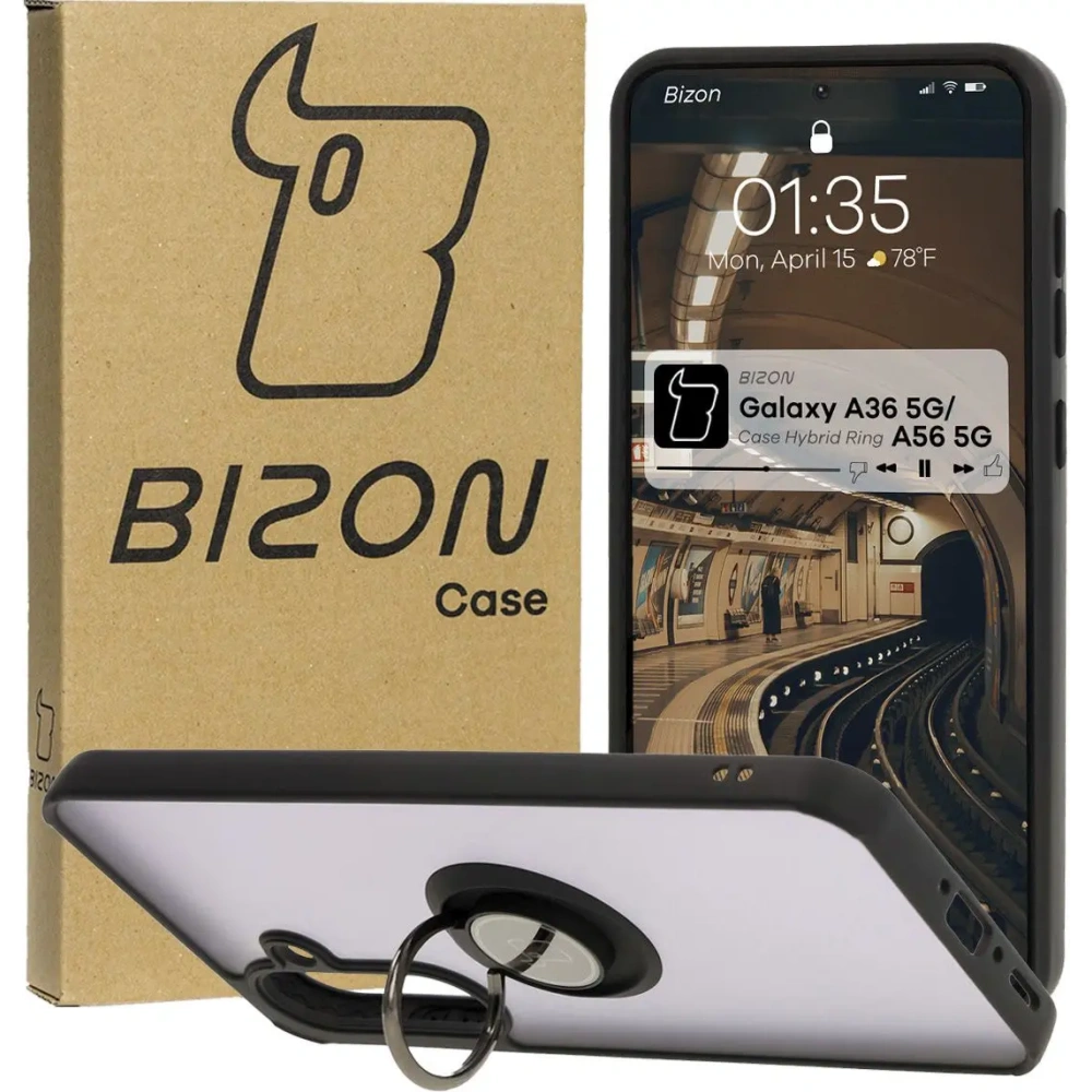 Etui z uchwytem na palec Bizon Case Hybrid Ring do Samsung Galaxy A36 5G / A56 5G przydymione z czarną ramką