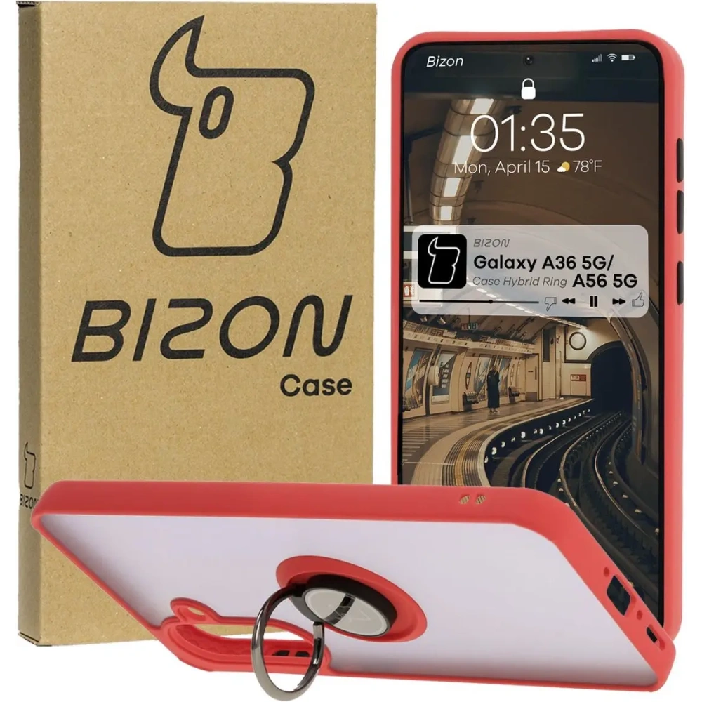 Etui z uchwytem na palec Bizon Case Hybrid Ring do Samsung Galaxy A36 5G / A56 5G przydymione z czerwoną ramką