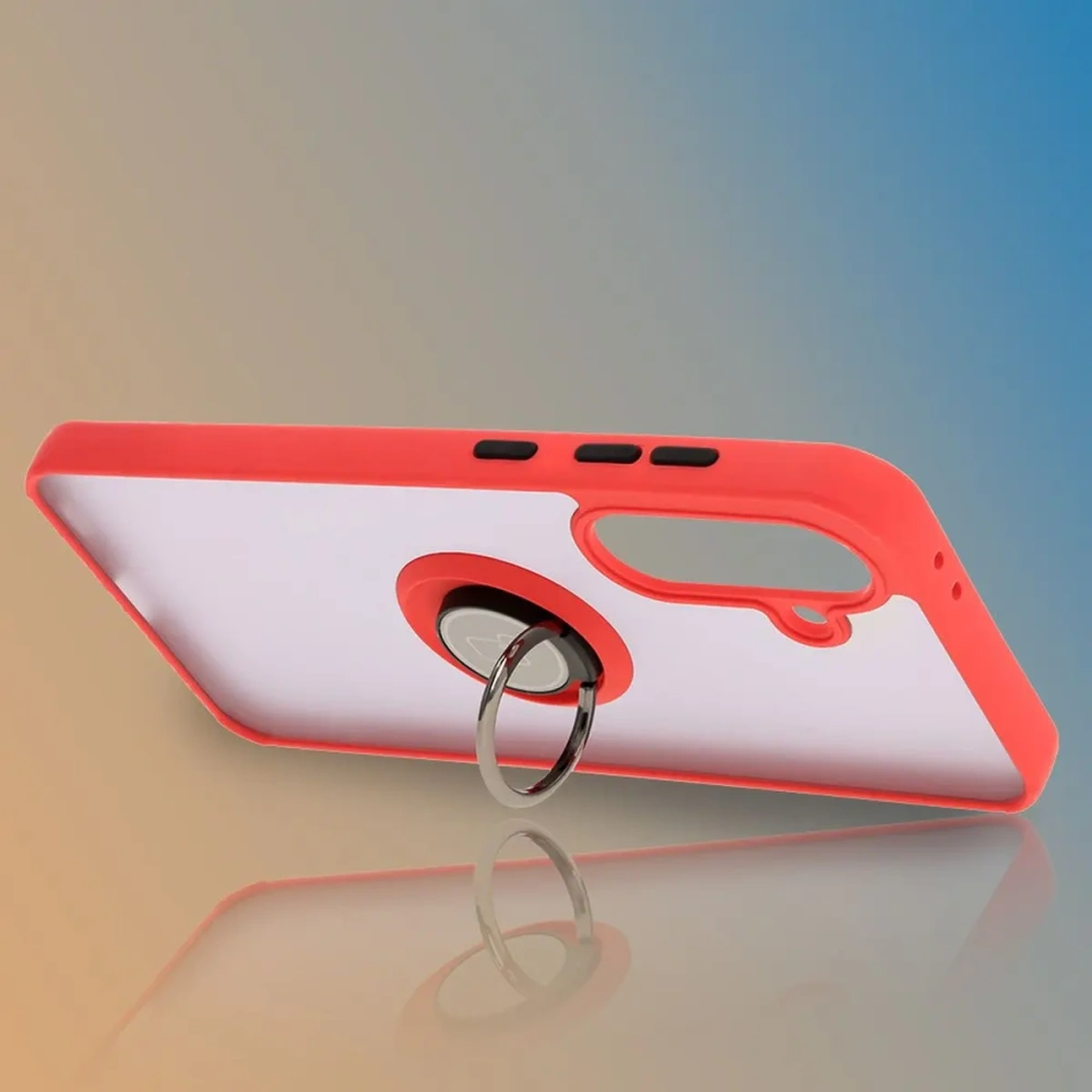 Etui z uchwytem na palec Bizon Case Hybrid Ring do Samsung Galaxy A36 5G / A56 5G przydymione z czerwoną ramką