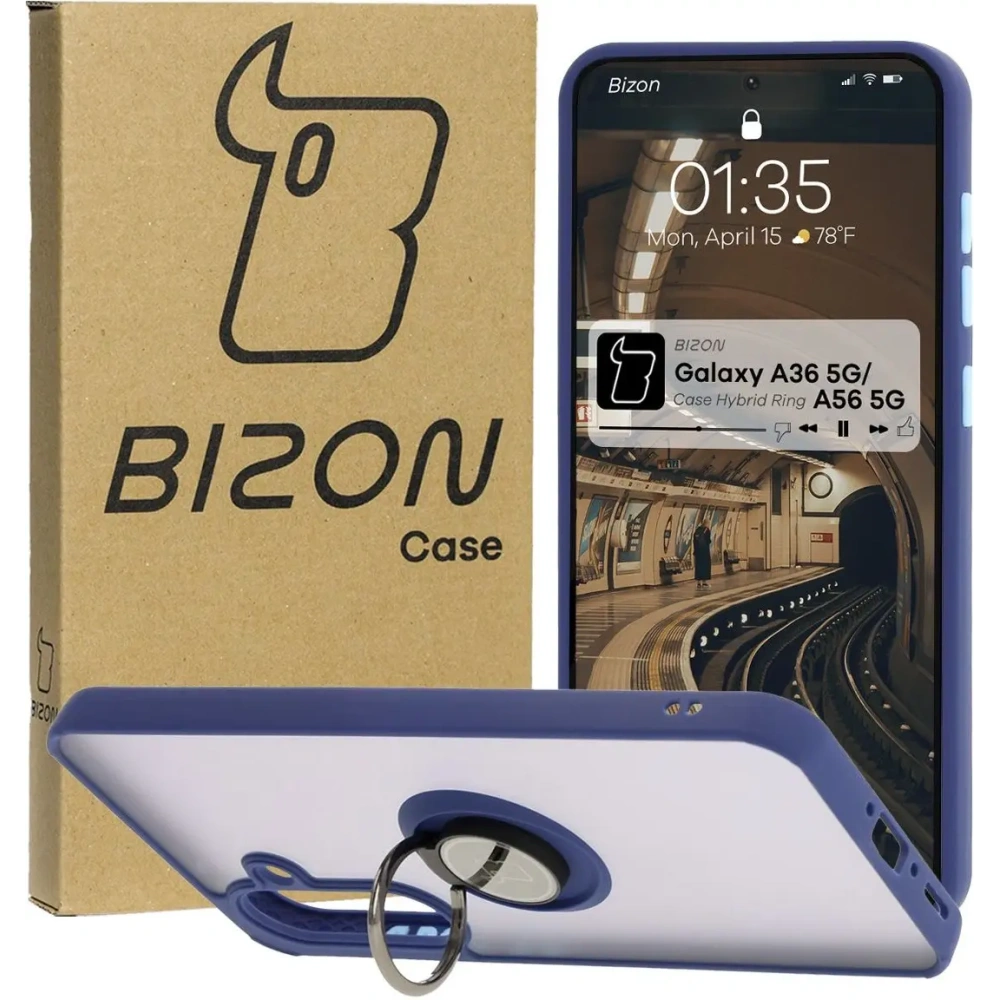 Etui z uchwytem na palec Bizon Case Hybrid Ring do Samsung Galaxy A36 5G / A56 5G przydymione z granatową ramką