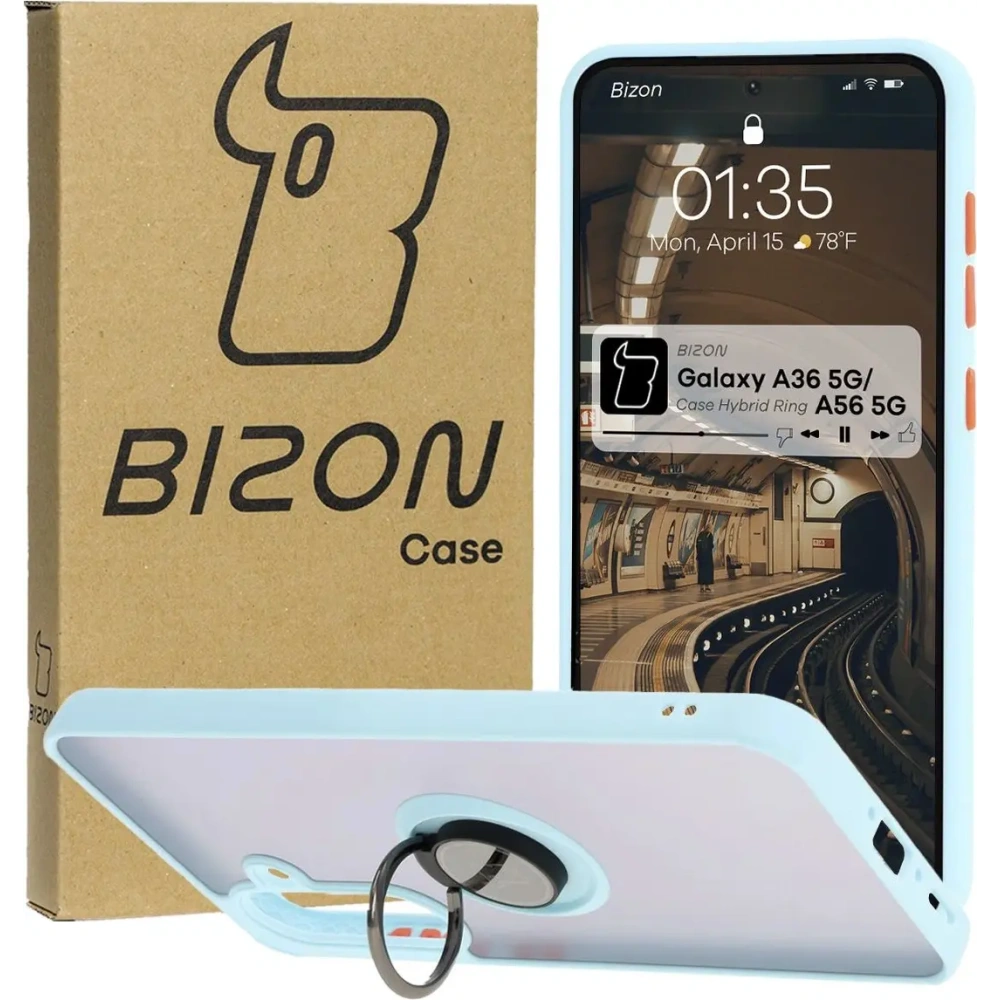 Etui z uchwytem na palec Bizon Case Hybrid Ring do Samsung Galaxy A36 5G / A56 5G przydymione z jasnoniebieską ramką