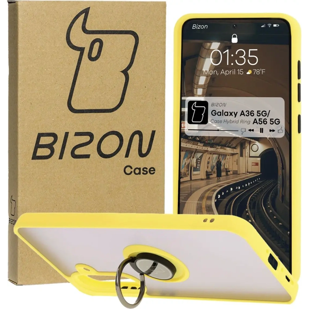 Etui z uchwytem na palec Bizon Case Hybrid Ring do Samsung Galaxy A36 5G / A56 5G przydymione z żółtą ramką